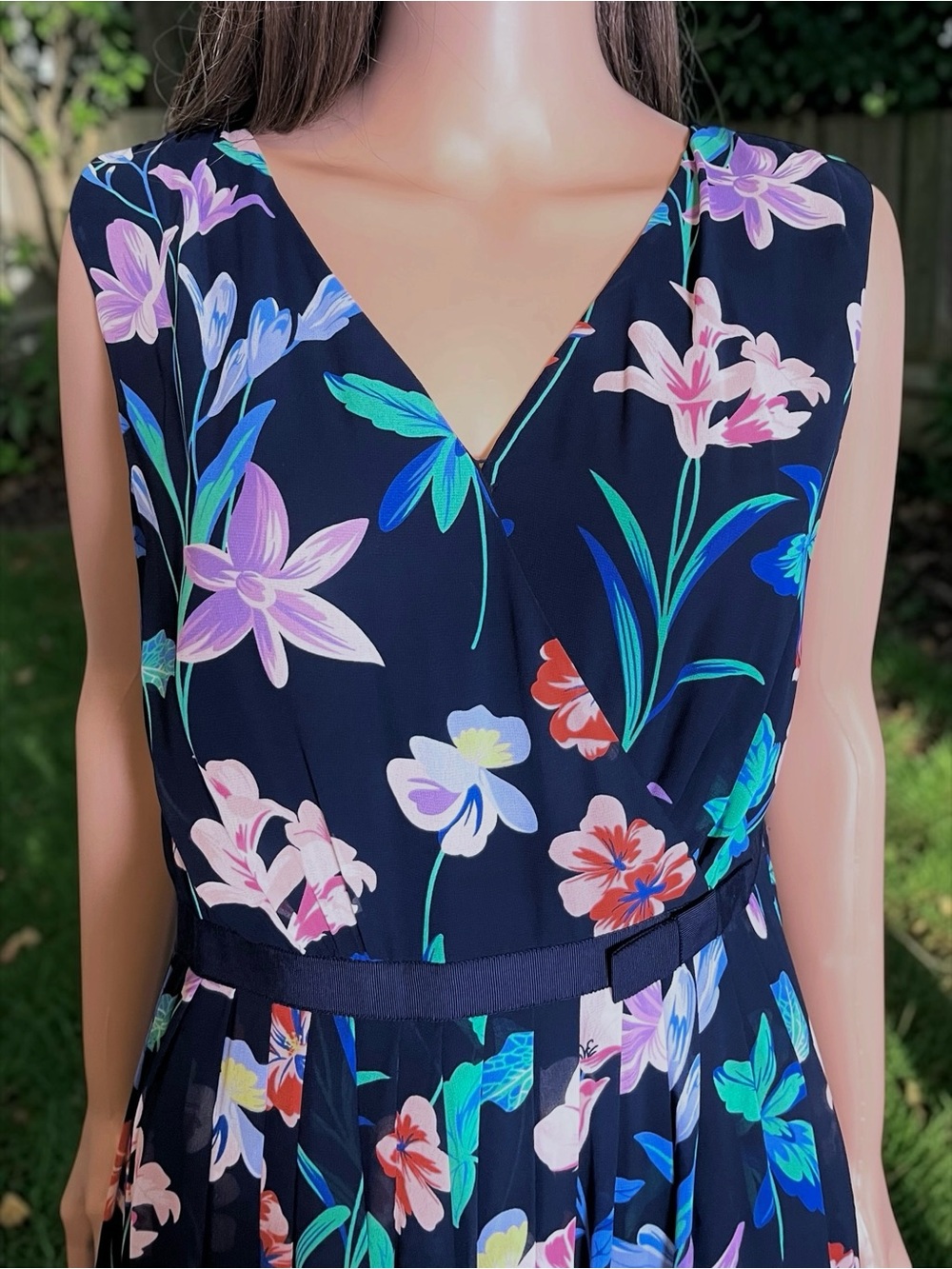 Talbots Navy Black Floral Midi Dress Size 6 Sleeveless Lined Sheer Overlay - Picture 5 of 6